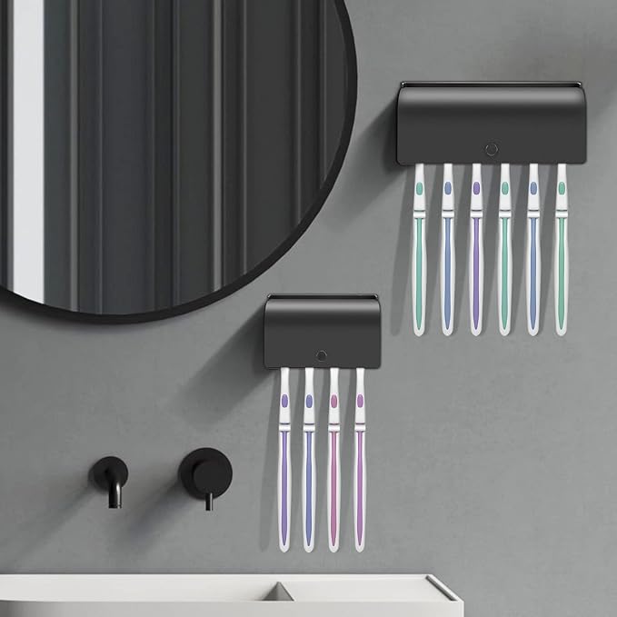 6-Slot Stainless Steel Toothbrush Holder with Cover - Wall Mounted, Dustproof, Self-Adhesive, Rustproof Bathroom Organizer for Toothbrush Storage (Black)