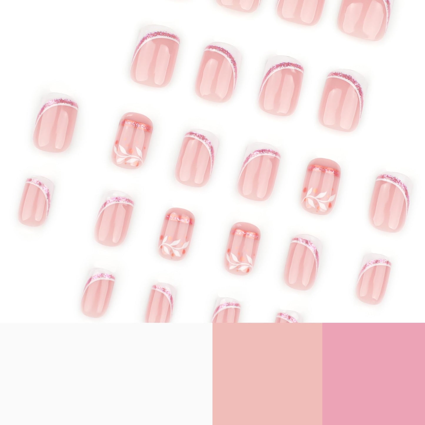 IMSOHOT Press on Nails Short Square Fake Nails with Pink Glitter Designs White French Tips False Nails Full Cover Leaf Glue on Nails Glossy Acrylic Nail Supplies