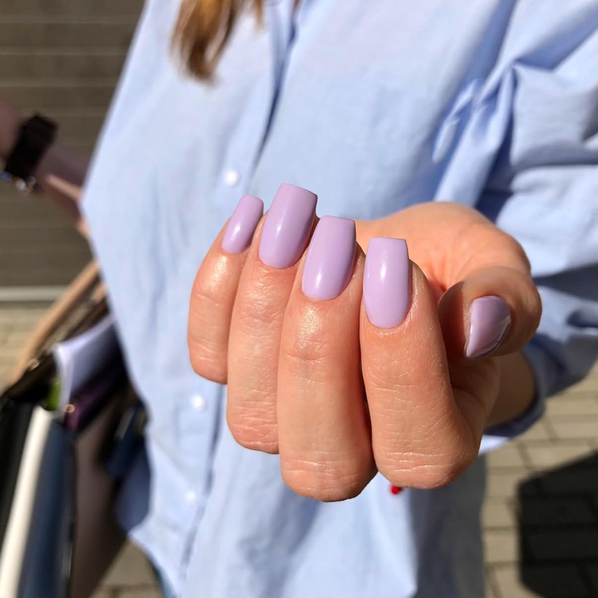 Light Purple Press on Nails Short Medium Square Glue on Nails Set,KQueenest Solid Color Fake Nails Short Coffin Acrylic Nails Press on Gel Nails for Women Reusable False Press-on in 24 Pcs