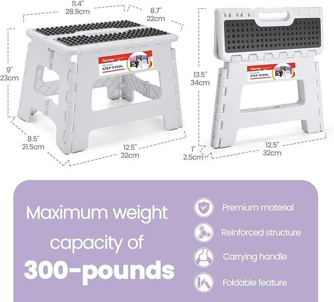 ACSTEP 9 Inch Folding Step Stool 300 LB Capacity Non Slip Foot Stool with Handle Plastic Foldable Step Stools for Kids Stepping Stool for Bathroom Kitchen Small Step Stool (1 PC White)