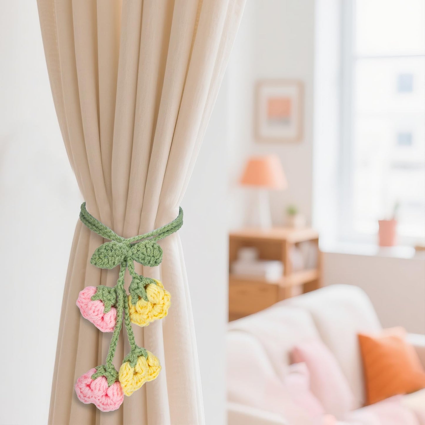 Flower Curtain Tiebacks, 4pcs Lily-of-The-Valley Curtains Holdbacks, Cute Curtain Holdbacks - No Drill Rope Holder, Drape Knitting Handmade for Nursery&Children's Room Decor (Pinkish/Yellow)