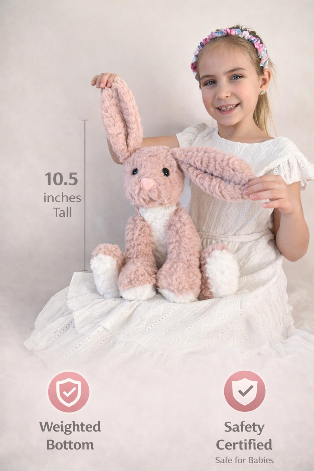 Laila and Lainey Bunny Stuffed Animal - 10.5 Inch Tall Pink Bunny Plush, Weighted Bottom for Independent Sitting, Safety Certified Rabbit Stuffed Animal