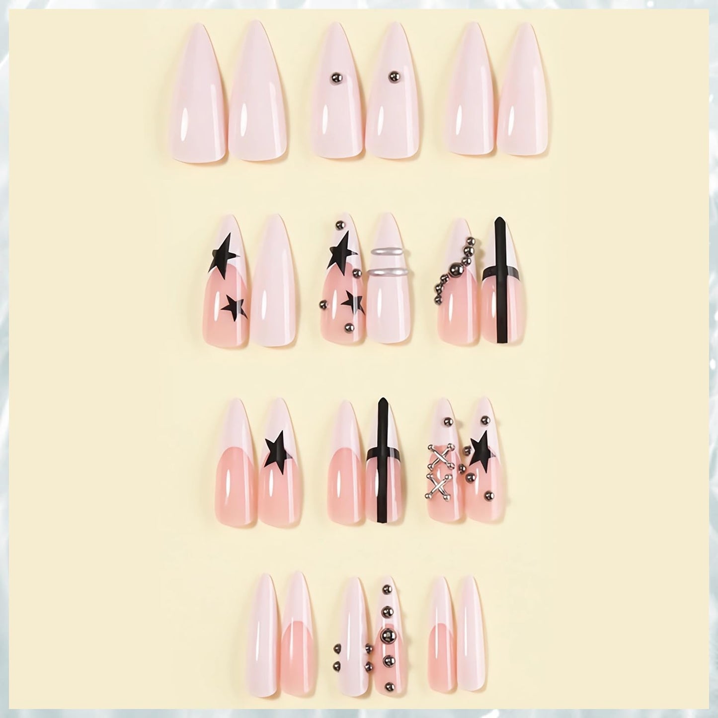 MISUD Press on Nails - Long Stiletto Fake Nails with White French Tip, Acrylic Goth Y2K Star Charms Design 24 pcs