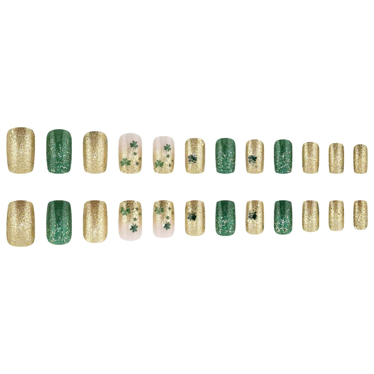 24 Pcs St. Patrick's Press on Nails Medium Square Shamrocks Green Gold Flash Fake Nails Lucky Clover Glitter Gradient Design False Nails Full Cover Stick on Nails for Women Nails Decoration