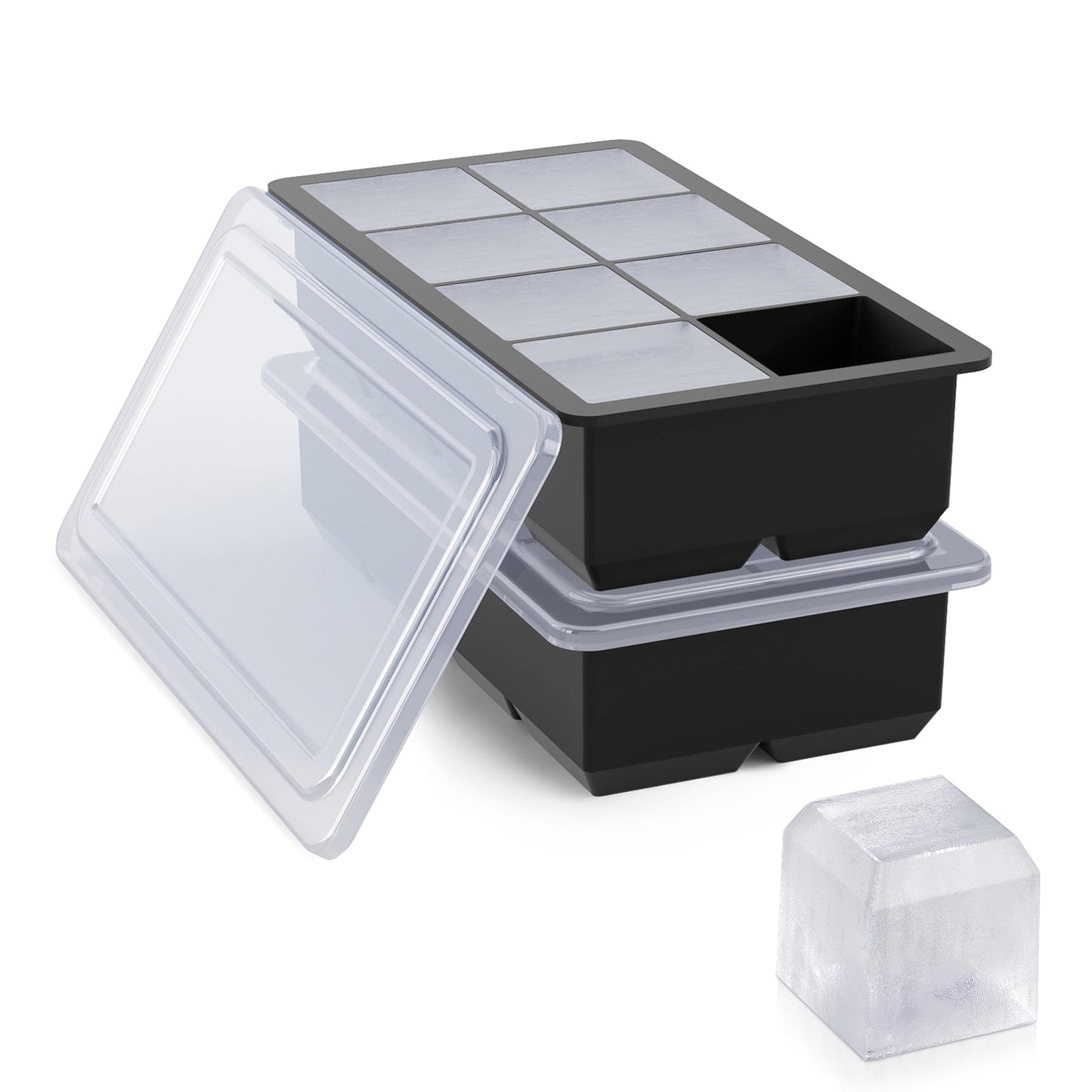 Bangp Large Ice Cube Tray for Whiskey,2 Pack Stackable Big Ice Cube Molds Make 16 Big Whiskey Ice Cubes,Easy Release Square Ice Cube Maker for Cocktails,Whiskey,Soups and Frozen Treats