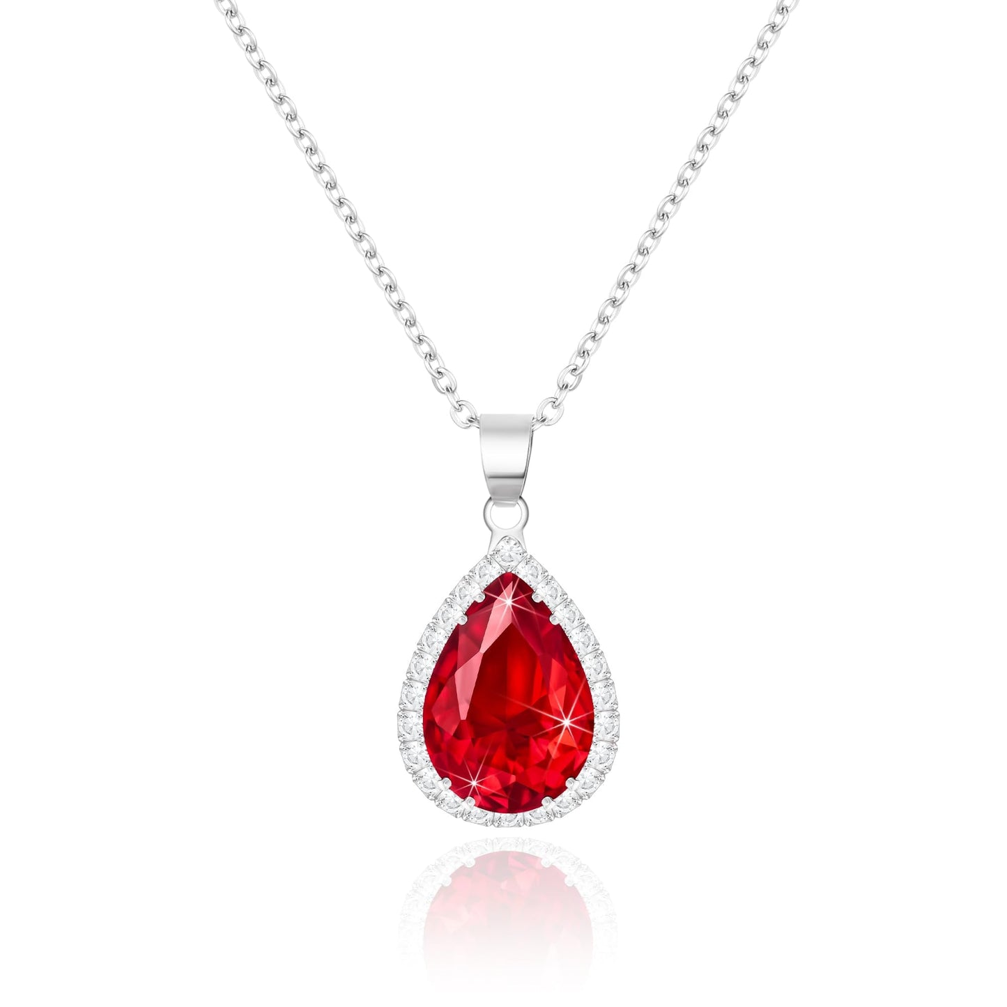 Linawe Red Crystal Ruby Pendant Silver Chain Necklace for Women Trendy, Imitation Diamond Boho Jewelry Set, Cubic Zirconia Birthstone Teardrop Rhinestone Preppy Necklace