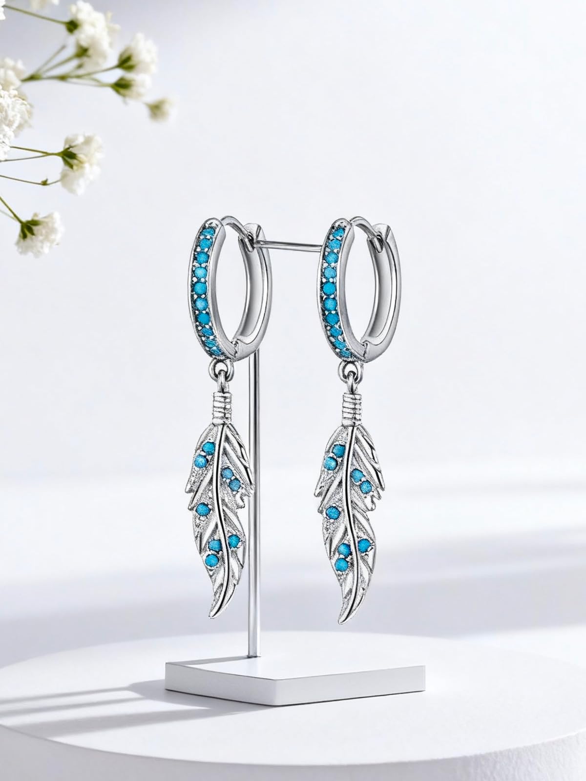 Feather Turquoise Earrings 925 Sterling Silver Bohemian Dangle Earrings Western Jewelry Native American Gifts for Women