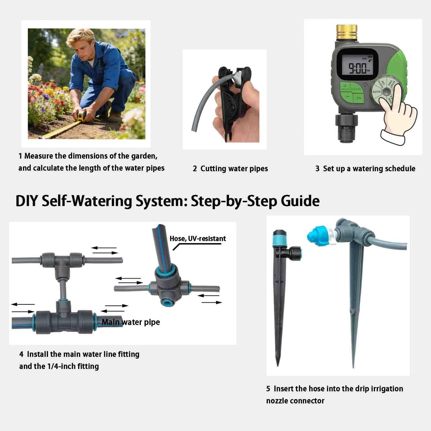 Drip Irrigation System for Garden with Water Timer Plug-in Quick Connection Drip Irrigation Kit 5/16“ID and 1/4 Inch Pipe Auto Watering System for Garden Spray, for Greenhouse, Lawn, Potted Plants