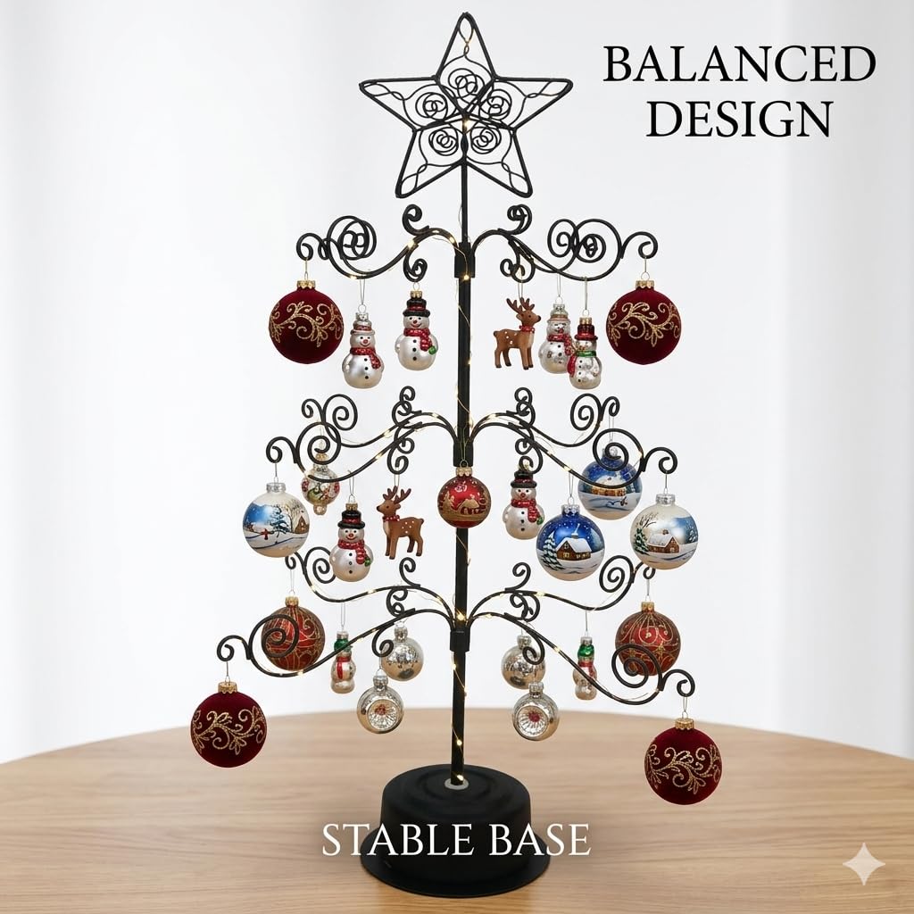 HOHIYA 24” Rotating Ornament Display Tree Stand 36 Hooks Metal Tabletop Display Rack for Christmas Ornaments Halloween Decor Craft Show Display Heavy Duty Black