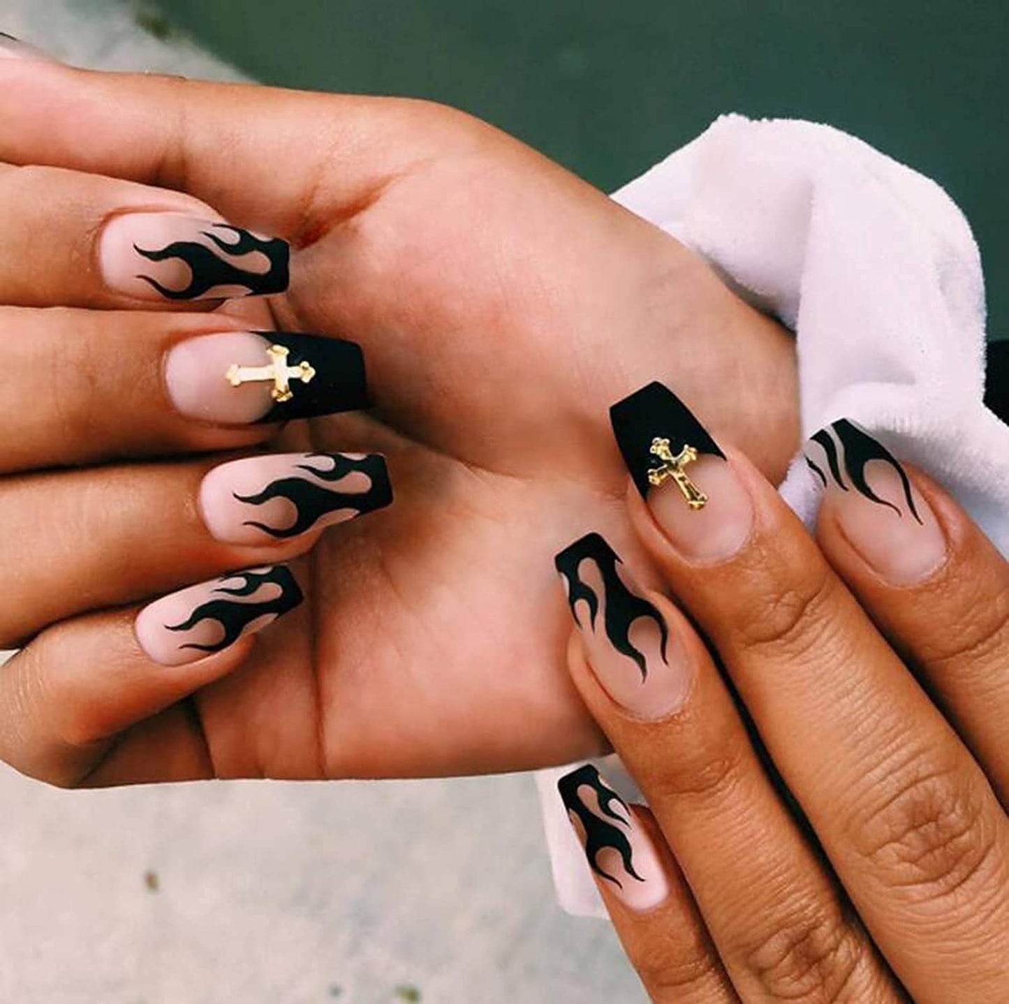MISUD Press on Nails - Medium Coffin Glue on Nails with Goth Black, Acrylic Gothic Cross Design 24 pcs