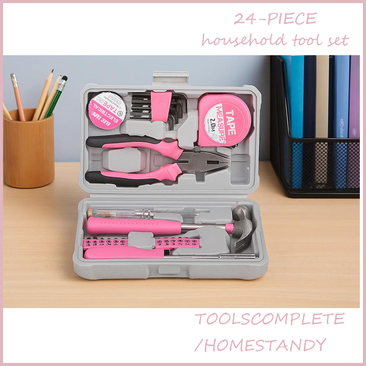 24 Pieces Pink Home Tool Set, mini Tool Box Basics Household Tool Kit Box for Men and Women DIY