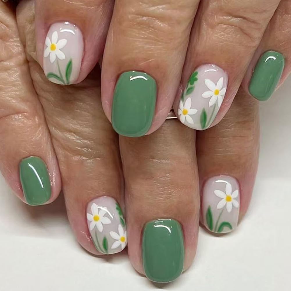 RUPOFUZA Press on Nails Square Short Green Fake False Nails with Lovely White Flowers Design Stick on Nail Full Cover Acrylic Artificial Extra Short Glue on Nail for Women 24Pcs