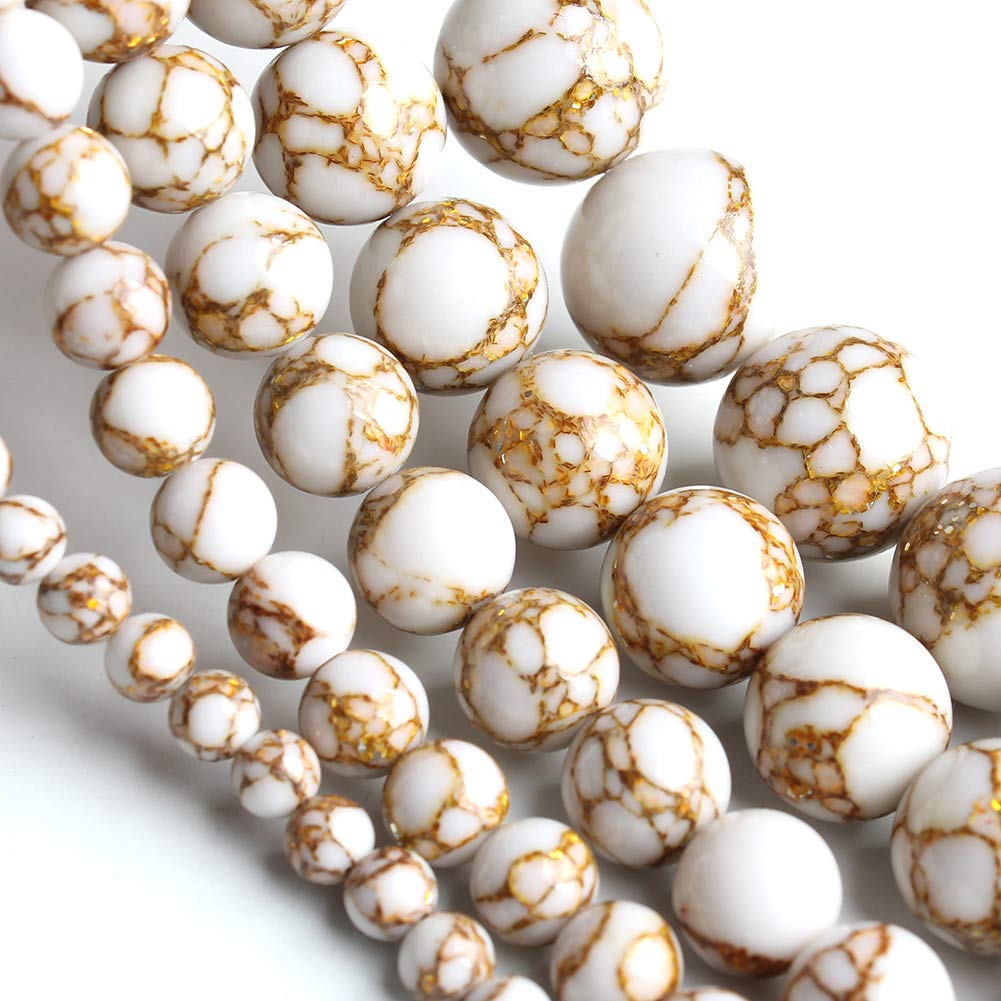Song Xi 6mm White Howlite Spun Gold Beads Smooth Loose Jewelry Beads for Bracelets and Necklaces Making