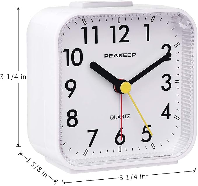 Peakeep Small Battery Operated Analog Travel Alarm Clock Silent | No Ticking, Lighted on Demand and Snooze, Beep Sounds, Gentle Wake, Ascending Alarm, Easy Set (White)