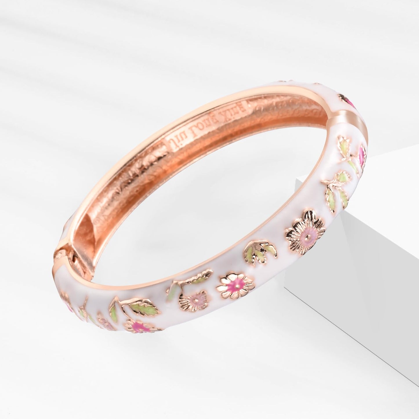 UJOY Womens Multi-Colors Cloisonne Bracelet Gold Plated Flower Enameled Hinged Cuff Bangles Jewelry Gift 55A-3PCS White