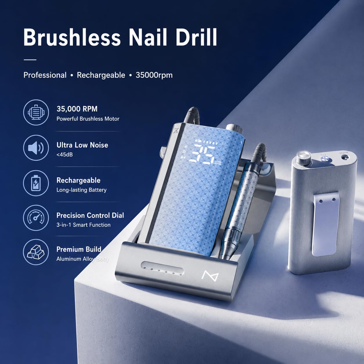 M Pro Spin Nail Drill 60W Brushless Motor 35,000 RPM, Cordless Rechargeable Electric Nail File, Professional E File Machine for Acrylic Gel Nails, Low Noise Portable Salon Use – White