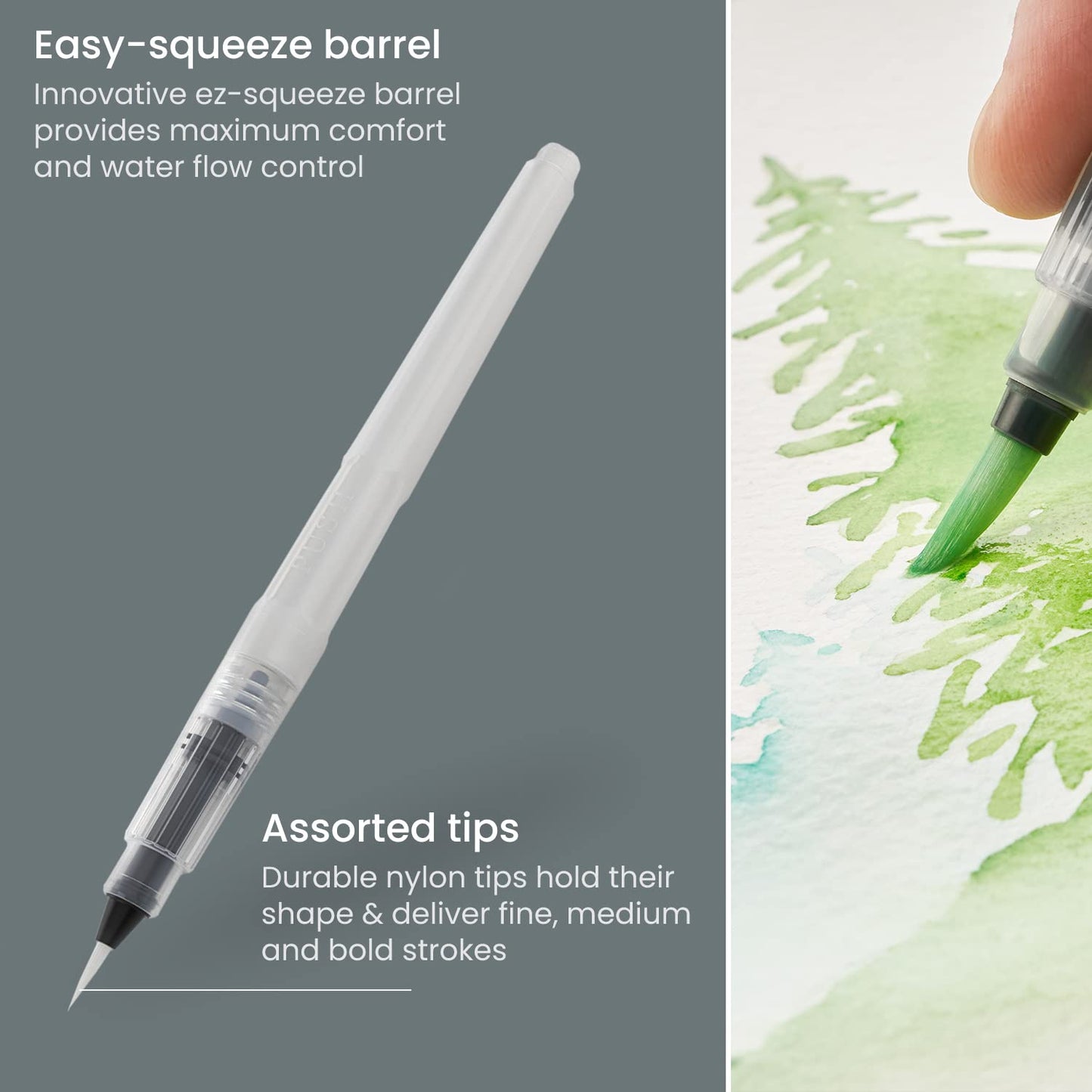 ARTEZA Water Brush Pen, 6-Piece Set, Fine, Medium & Broad Tips, Refillable Self-Moistening Brushes for Painting & Lettering