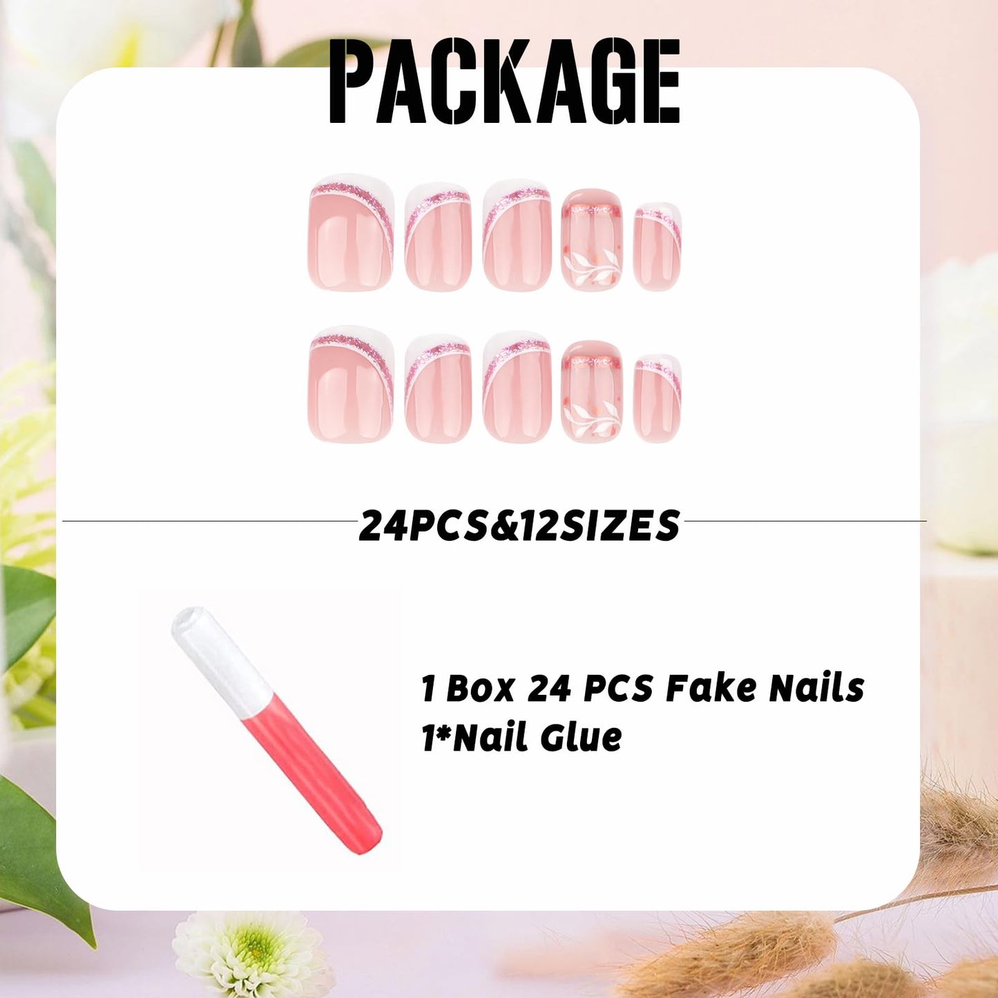 IMSOHOT Press on Nails Short Square Fake Nails with Pink Glitter Designs White French Tips False Nails Full Cover Leaf Glue on Nails Glossy Acrylic Nail Supplies