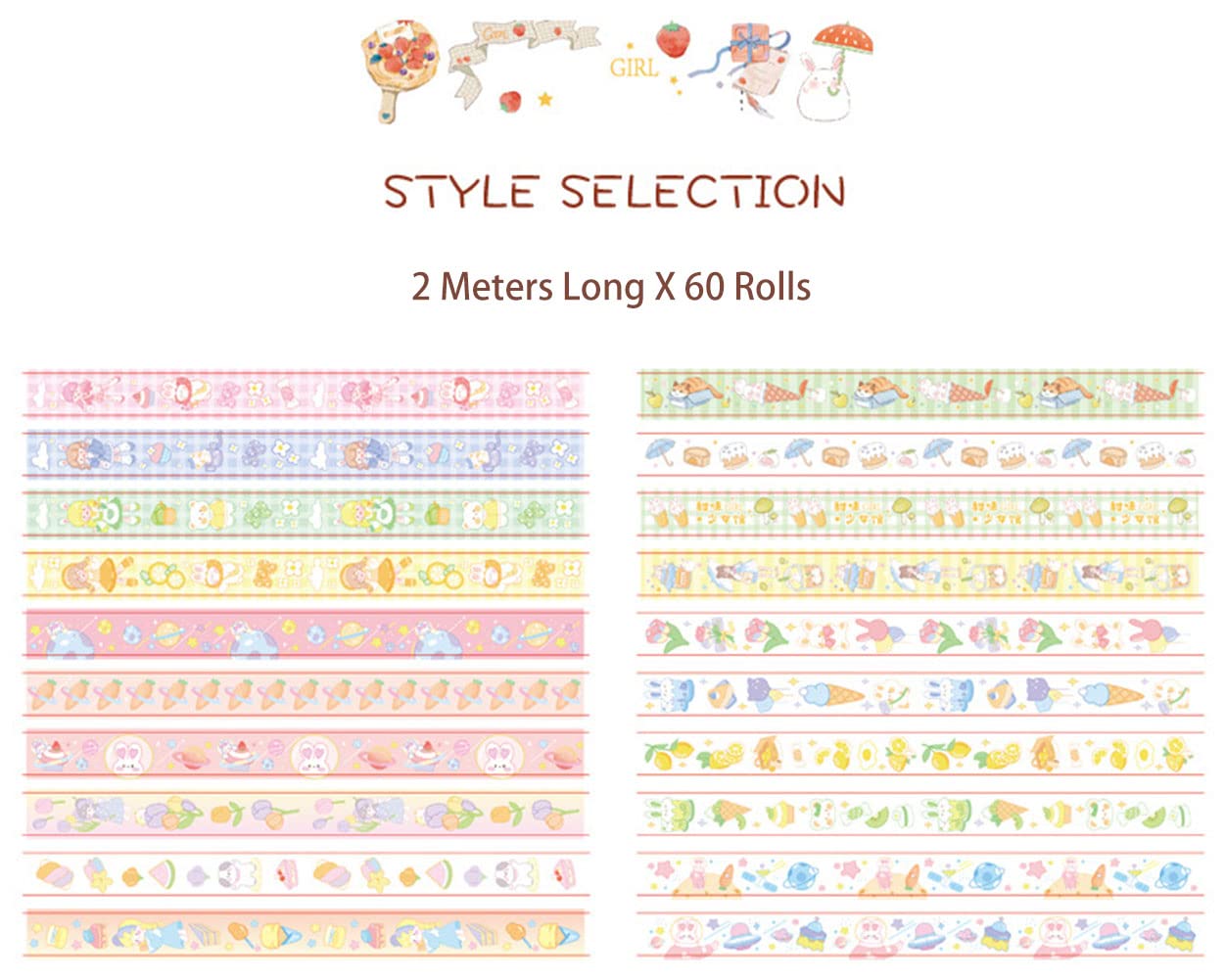 MAFELOE 2 Meters Long 60 Rolls Washi Tape Set, Decorative Adhesive Supplies for Scrapbook, Arts & Crafts-Cute Suit (Pink Box)