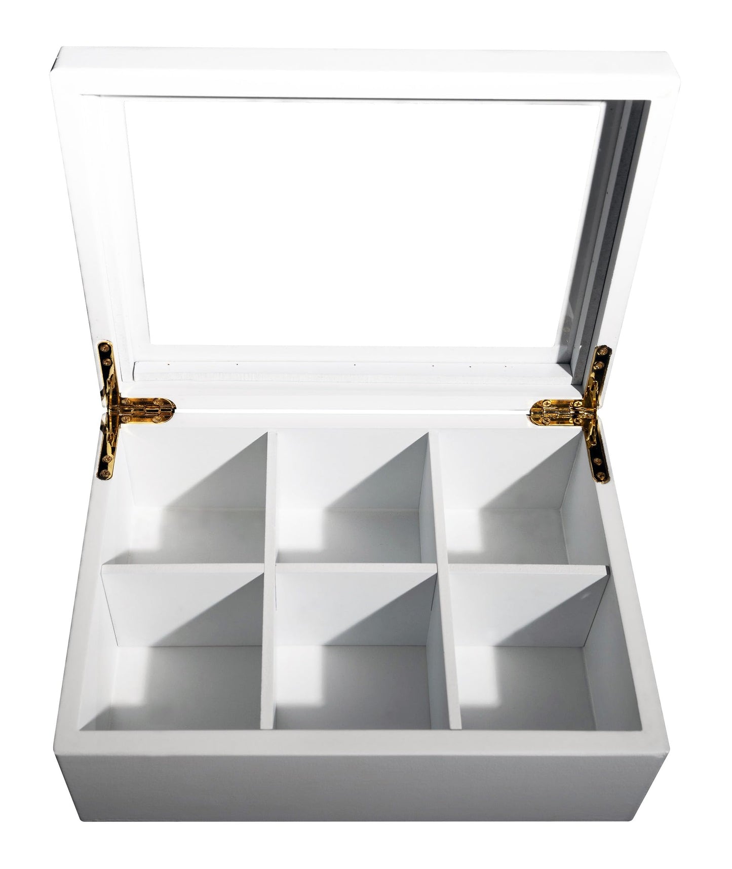 Break Tradition Wooden Tea Organizer For Tea Bags - Wooden Tea Chest With 6 Compartments - Clear Top Window - Lid Stays Open (White)