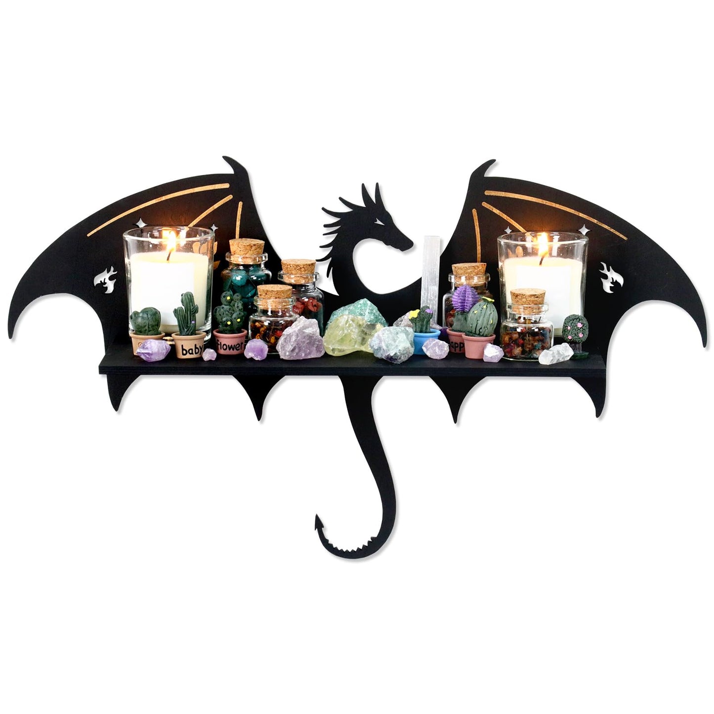 KOYILT Dragon Decor Trinket Shelf Crystal Wall Display Shelf - Rustic Witchy Fantasy Decor for Trinkets, Crystal Storage & Wall Art for Home Altar, Bedroom or Witchy Room (1, Evil Dragon)
