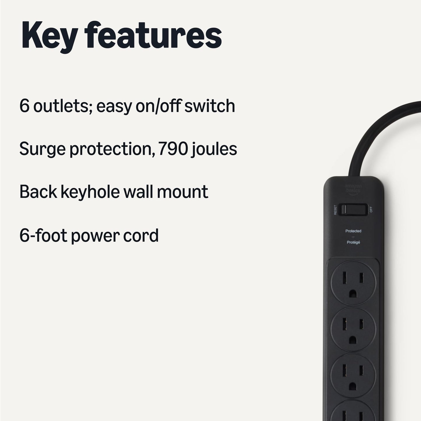 Amazon Basics Surge Protector Power Strip, 6-Outlet, 790 Joules, 6ft Extension Cord, Black, LED Indicator