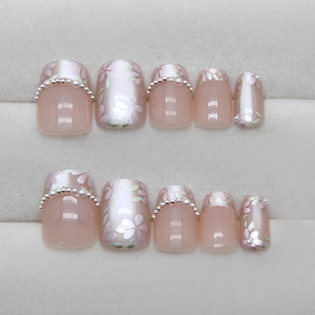 Medium Square Press On Nails - Nude Pearl Flower Design Fake Nails Glossy Finished Reusable False Nails with Glue Tabs - 24Pcs Nail Kit for Women Manicure