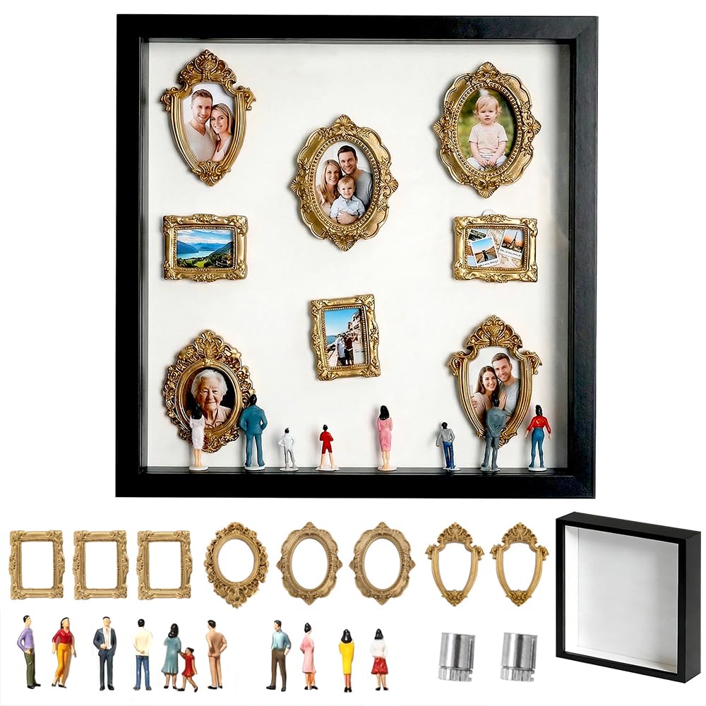 DIY Shadow Box Kit for Personalized Memories, Custom Memory Display with Mini Figurines and Gold Frames, Creative Home Decor Gift for Wedding Anniversary & Family Photos (Black,Without Lights)