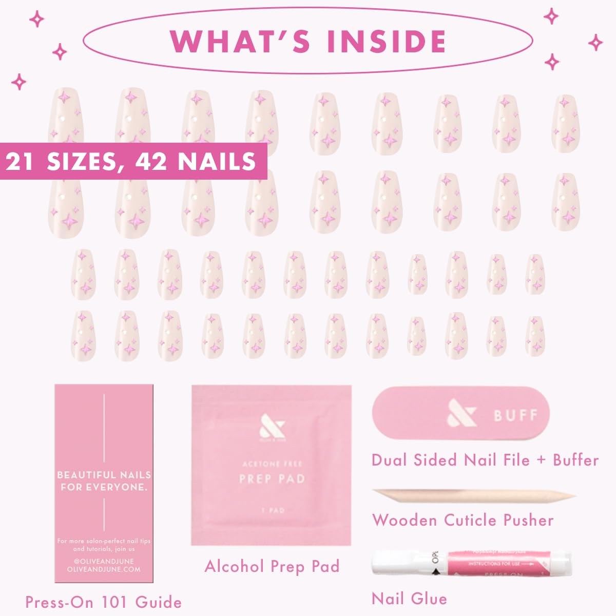 Olive & June Maximalist Instant Mani Press-On Nails (Glue) | 42 Fake Nails, 21 Sizes | Non-Toxic, Long-Lasting Big, Bold Gorgeous Realistic Look | Medium, Coffin | Puffy Sparkles & Pearls