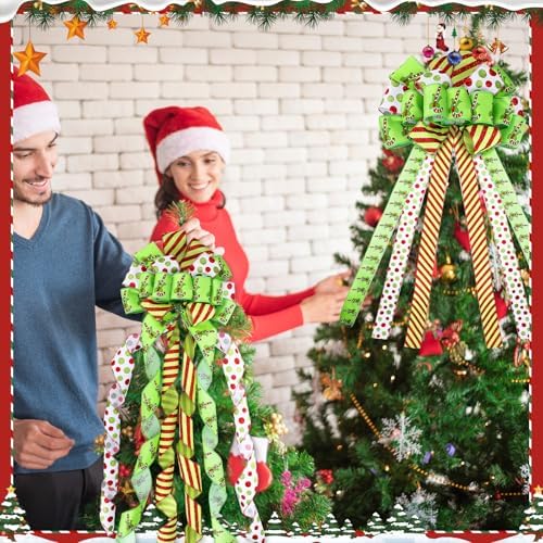 Suncalla 2 Pcs 44 x 13 Inch Large Christmas Tree Toppers Green Christmas Tree Ornaments Candy Cane Ribbon Bows Lime Green Glitter Polka Dot Wreath for Xmas Holiday Indoor Outdoor Front Door Staircase