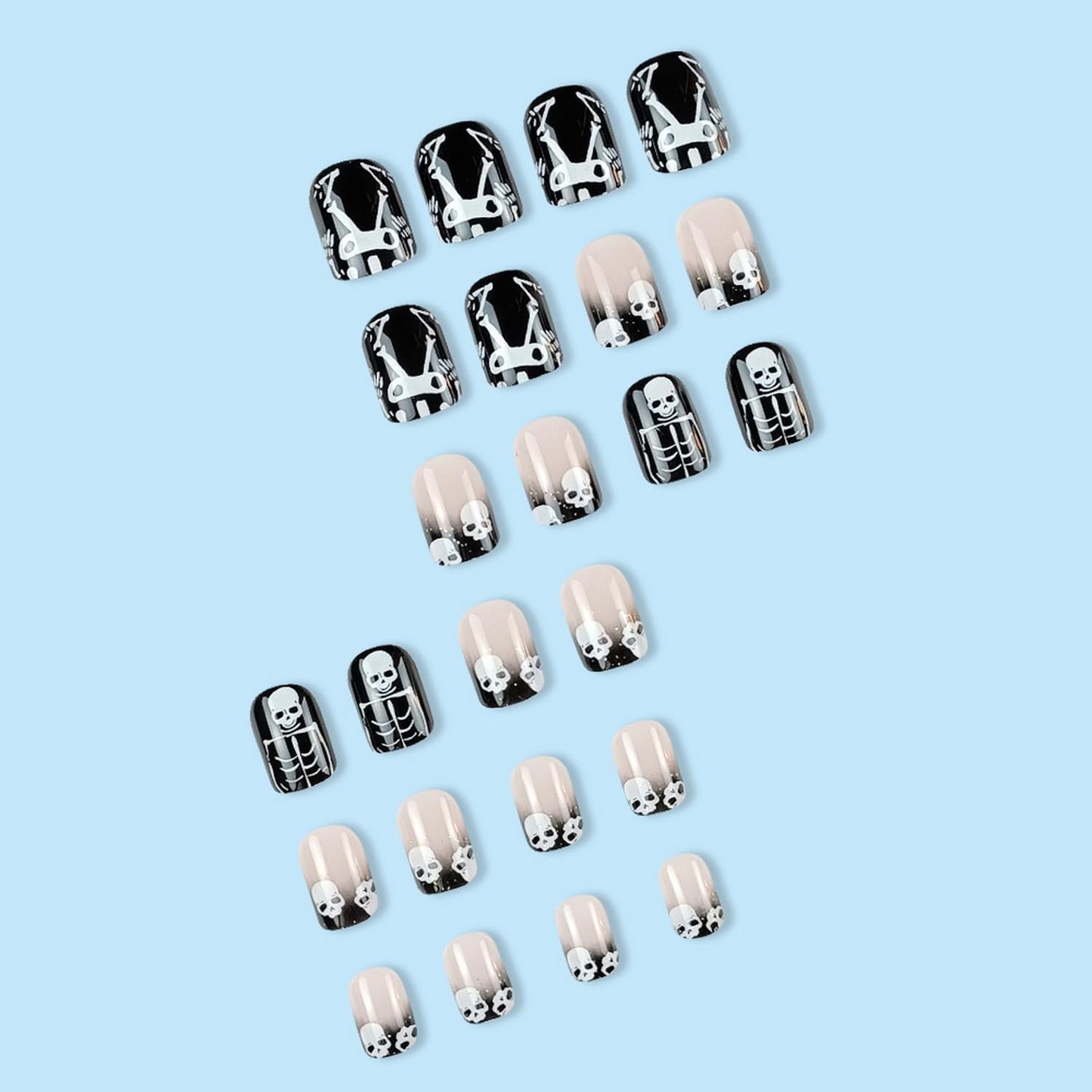 Halloween Press on Nails Short Square Fake Nails Glossy Full Cover Goth Nails with Skull Designs Halloween Acrylic Nails Press on Nails black Horror Nails for Women Girls Party 24pcs