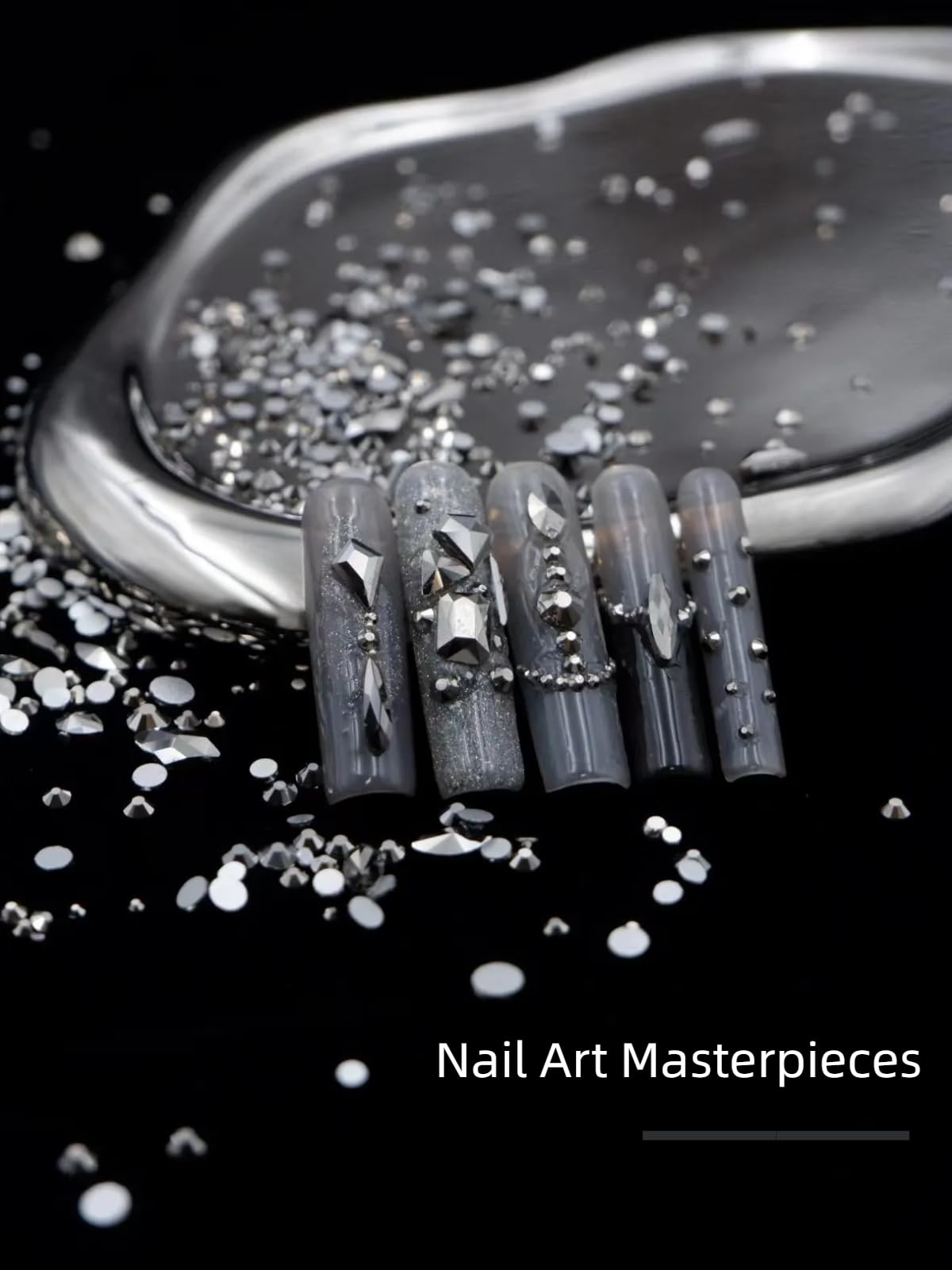 AMLAVIFISH 6080PCS Black Nail Art Rhinestones with Multi Shapes, 3D Flatback Crystals Diamonds for Nail Design, Sparkle Gem with Tweezers for Craft Decoration Face Art Body