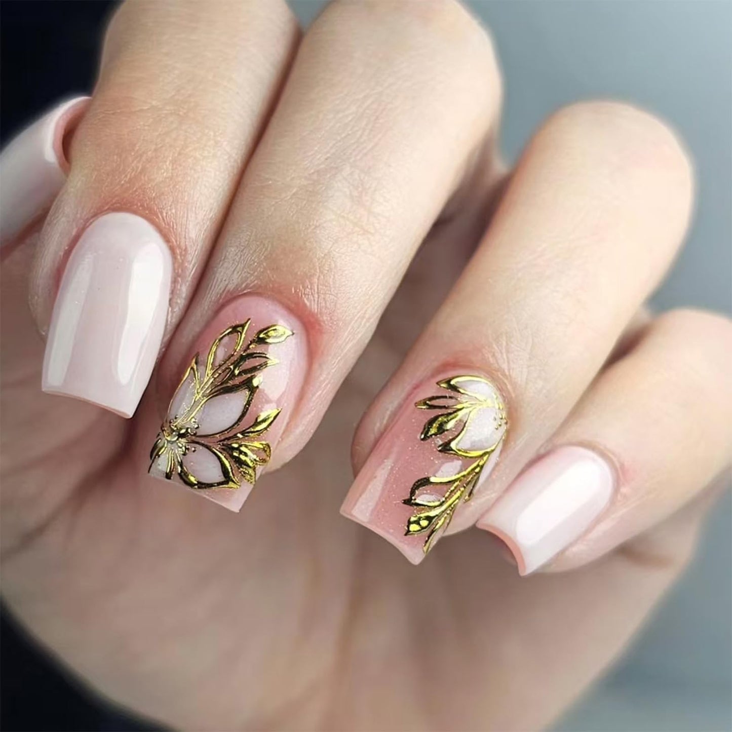 SINHOT Square Press on Nails - Medium Fake Nails, Glossy Finish, Gold Chrome Butterfly & Nude Natural, DIY Artificial False Nail Art - 24 Pcs Nail Kit with Glue