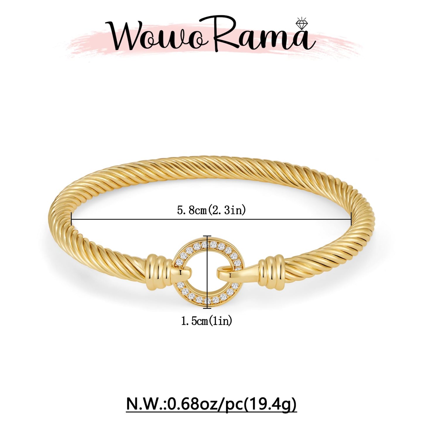 WOWORAMA Gold Twisted Cable Wire Bracelet for Women Stainless Steel Gold Plated Cable Cuff Bracelets with CZ Circle Clasp Bangle Bracelets Minimalist Jewelry