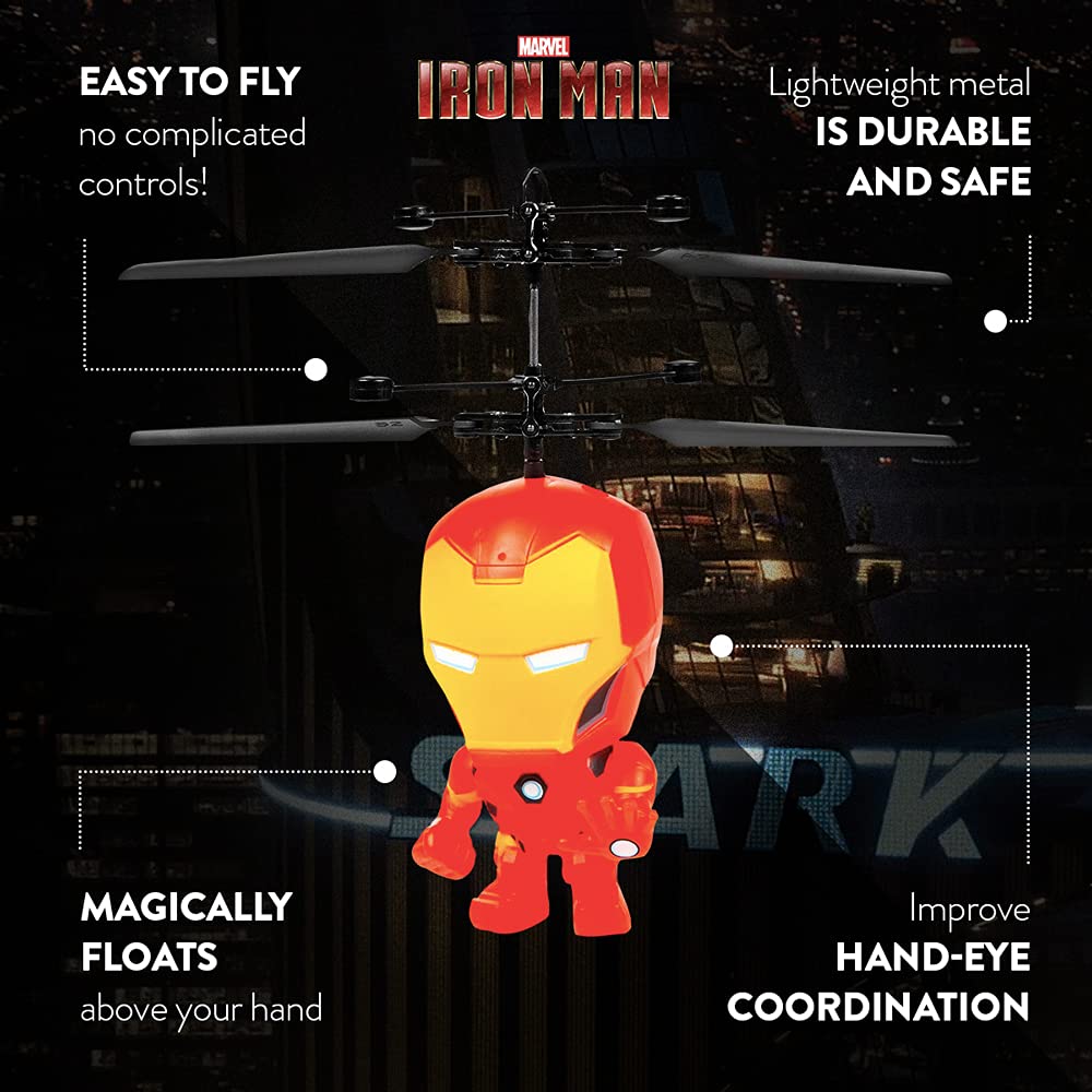 World Tech Toys Marvel Iron Man Big Head Helicopter Toy – Motion Sensored Flying Toy for Kids – Marvel Licensed – Kids Ages 6+