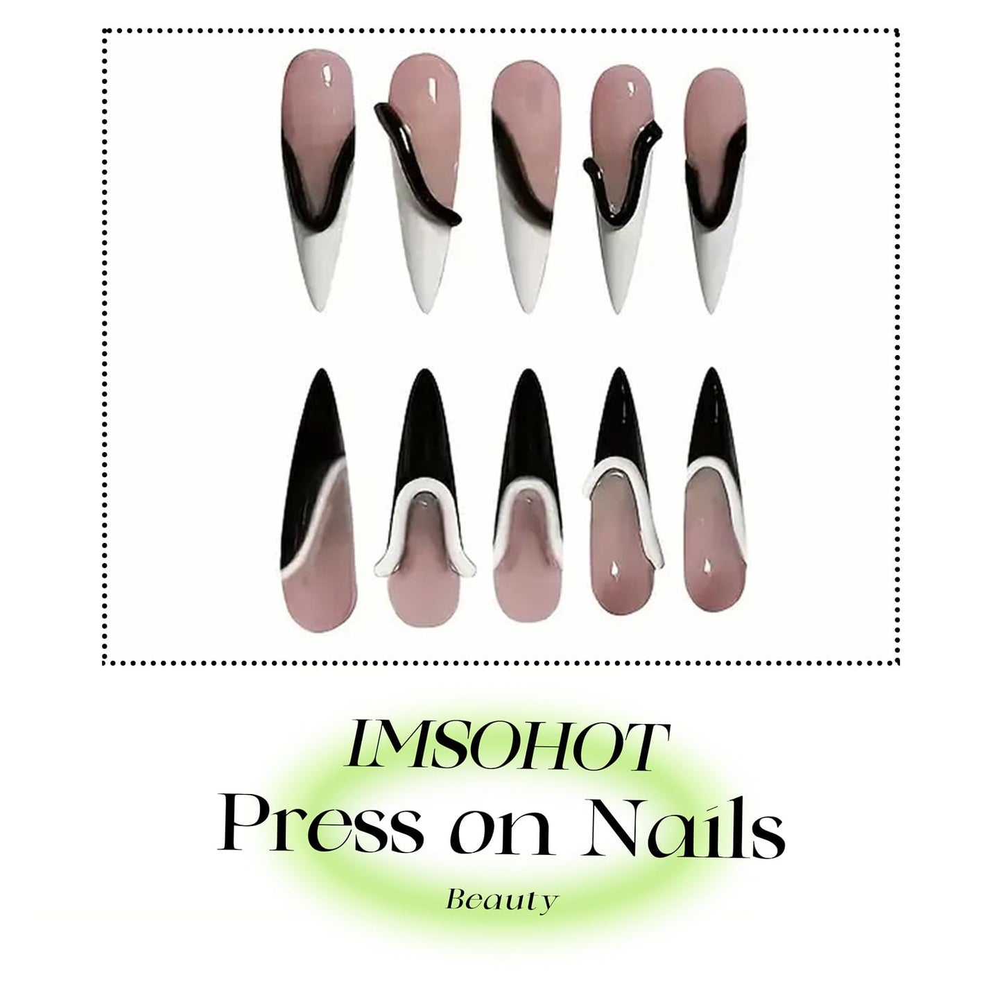 IMSOHOT Press on Nails Long Stiletto Fake Nails Black White French Tips False Nails with 3D Line Designs Glossy Full Cover Artificial Acrylic DIY Glue on Nails