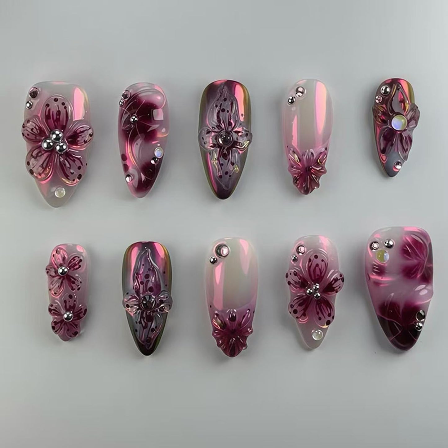 YKZFUI 24Pcs Dark Purple Flower Pearls Nails Medium Almond Acrylic French Tip False Nails Glue on Nails Set