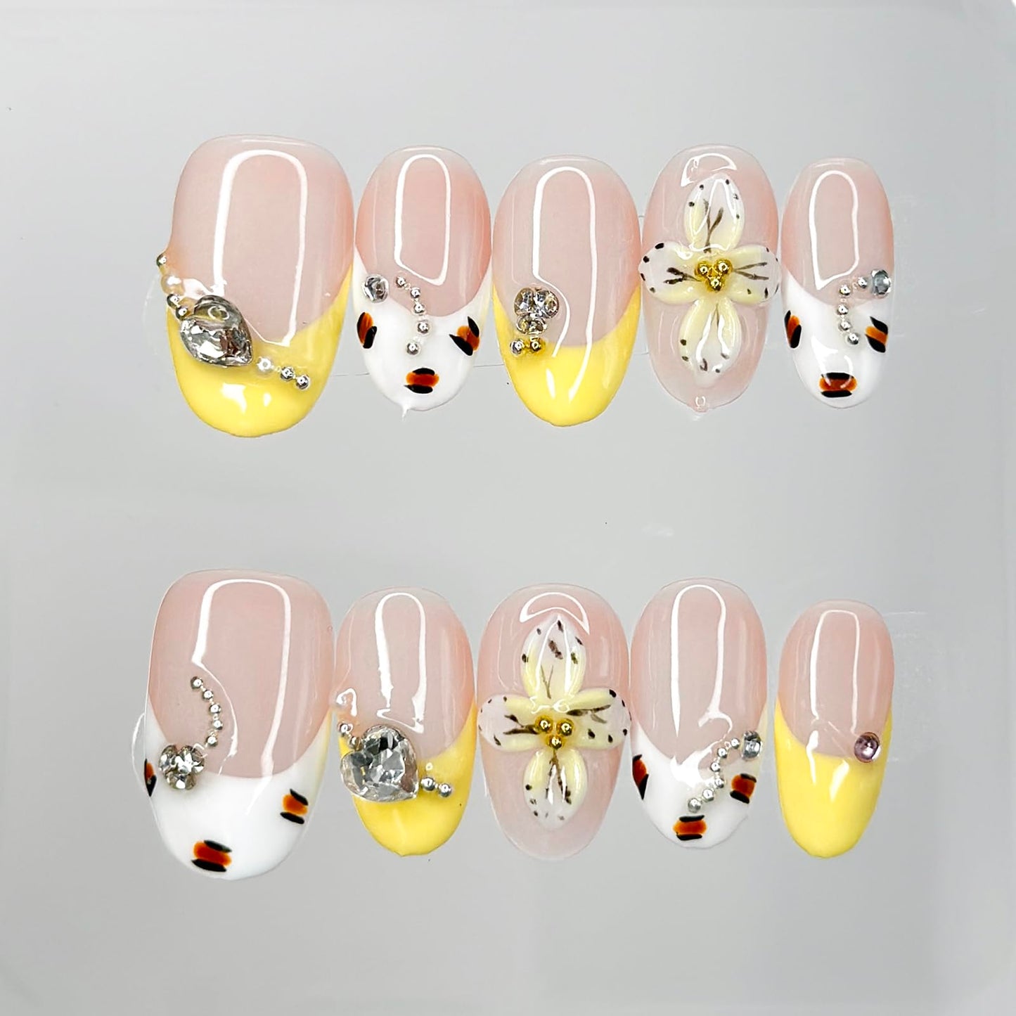 Luxury Press on Nails Medium Almond Handmade 3D Unique Reusable ABS Material Fake Nails French Tip False Nails with Designs Rhinestones Floral Art Petal Glossy Glue on Nails Thick Acrylic Nails(M)