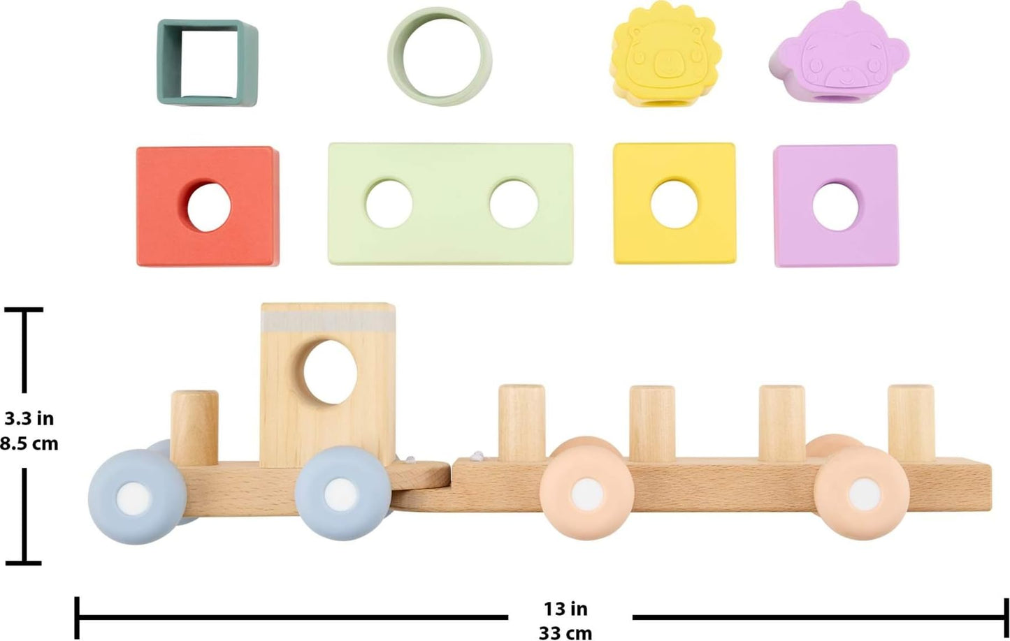 Fisher-Price Wood Baby Toy Stacking Train, 9-Piece Activity with Silicone & Wooden Blocks for Infants & Toddlers Ages 9+ Months