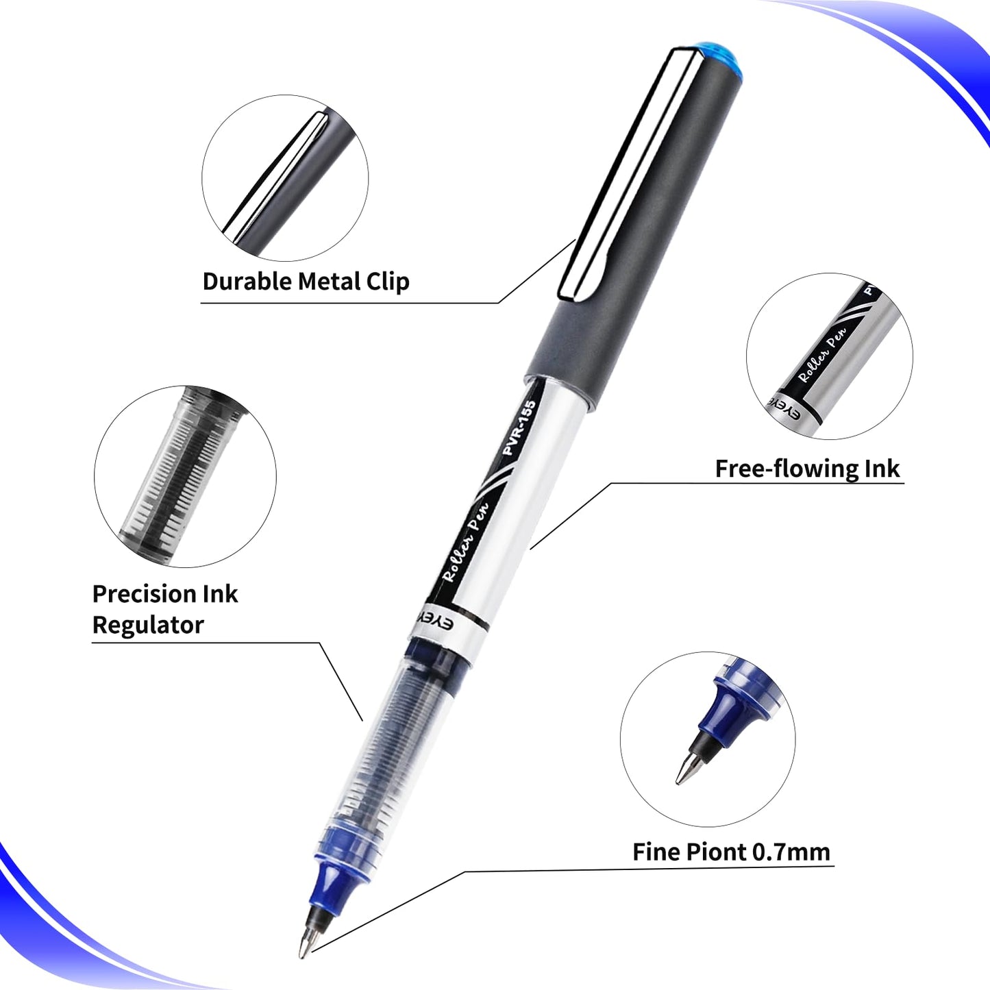EYEYE 0.7mm Liquid Ink Blue Pens Roller Ball, 50 Pack Rollerball Pen Medium Point Quick Dry, Blue Ink Pens Fine Point Smooth Writing Pens for Journaling, Note Taking, Office and School Supplies