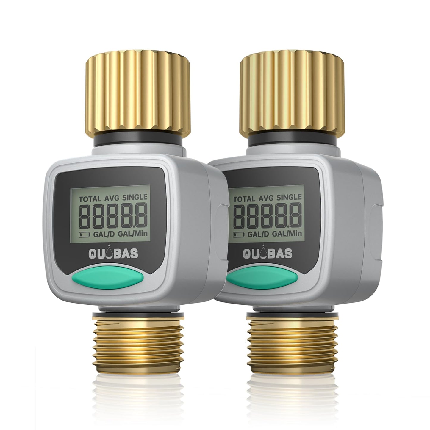 QUOBAS 2 Pack Water Flow Meter with Brass Fittings, Easy-Install Garden Hose Flow Meter for RV, Outdoor Plants, Lawn & Pool, Waterproof Screen, Tracks Gallon/Liter Usage, 4 Modes