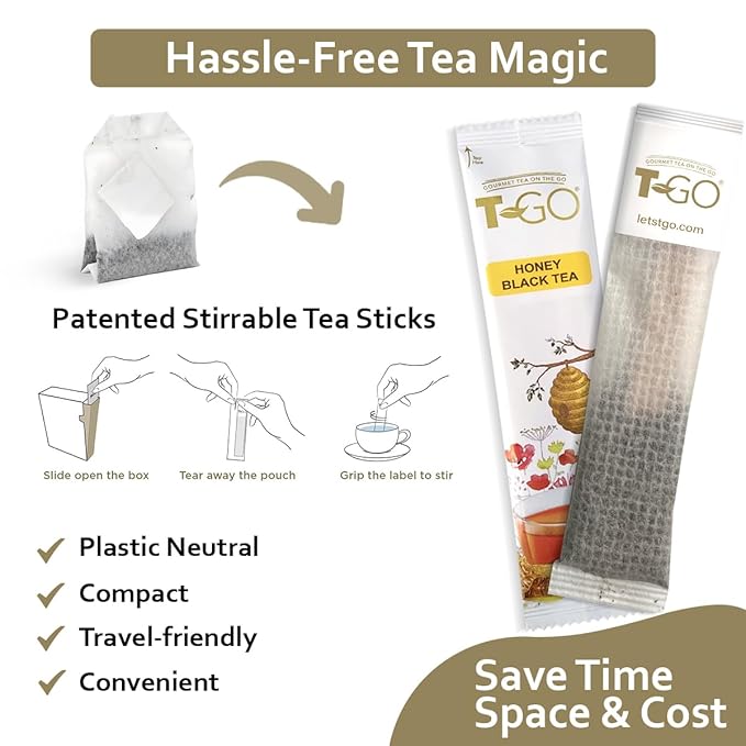 T-GO Sweet Honey Black Tea Organic Tea Bags Convenient Sticks Stirring Spoon Real Honey Packets for Immunity 15 Tea Sticks