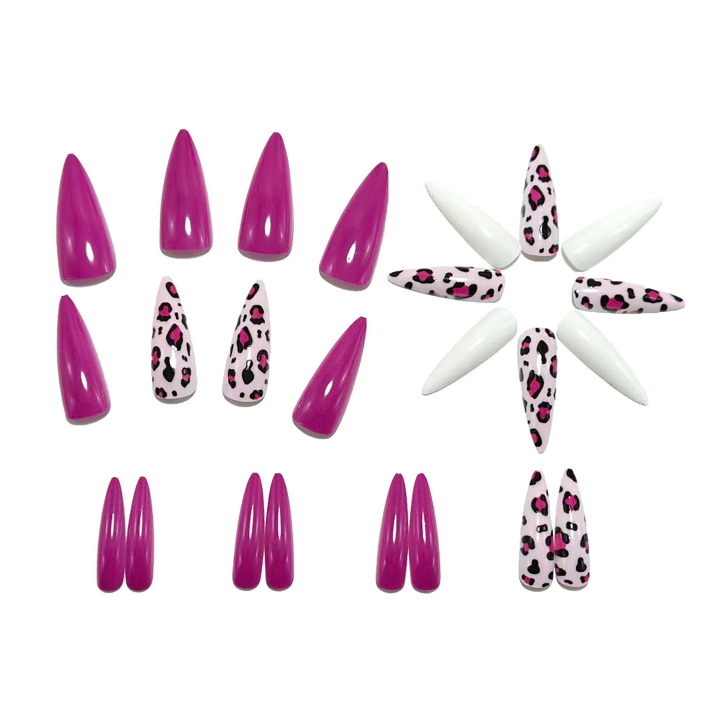 RUOKEXIN Almond Press on Nails Long Fake Nails Pink False Nails with Leopard Print Designs Stiletto Nail Press ons Sparkly Artificial Nails for Women 24Pcs