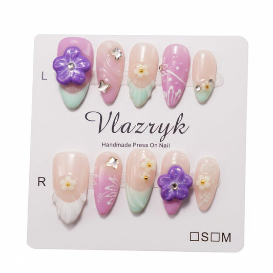 Handmade Press On Nails – Summer Medium Almond Pink Purple Gradient French Tip Fake Nails,with 3D Flower Rhinestones – Thick Acrylic & Multi-Layer Gel, Reusable Luxury False Nails（S)