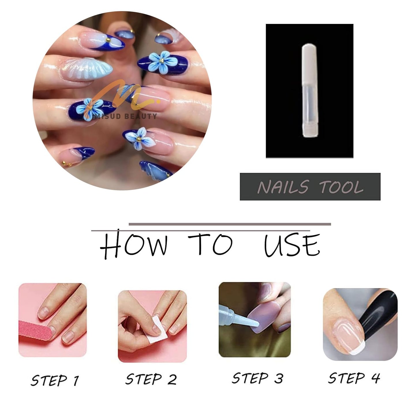 MISUD Press on Nails - Medium Almond Fake Nails with Navy Blue, Acrylic Handmade 3D Flower Gel Design 24 pcs