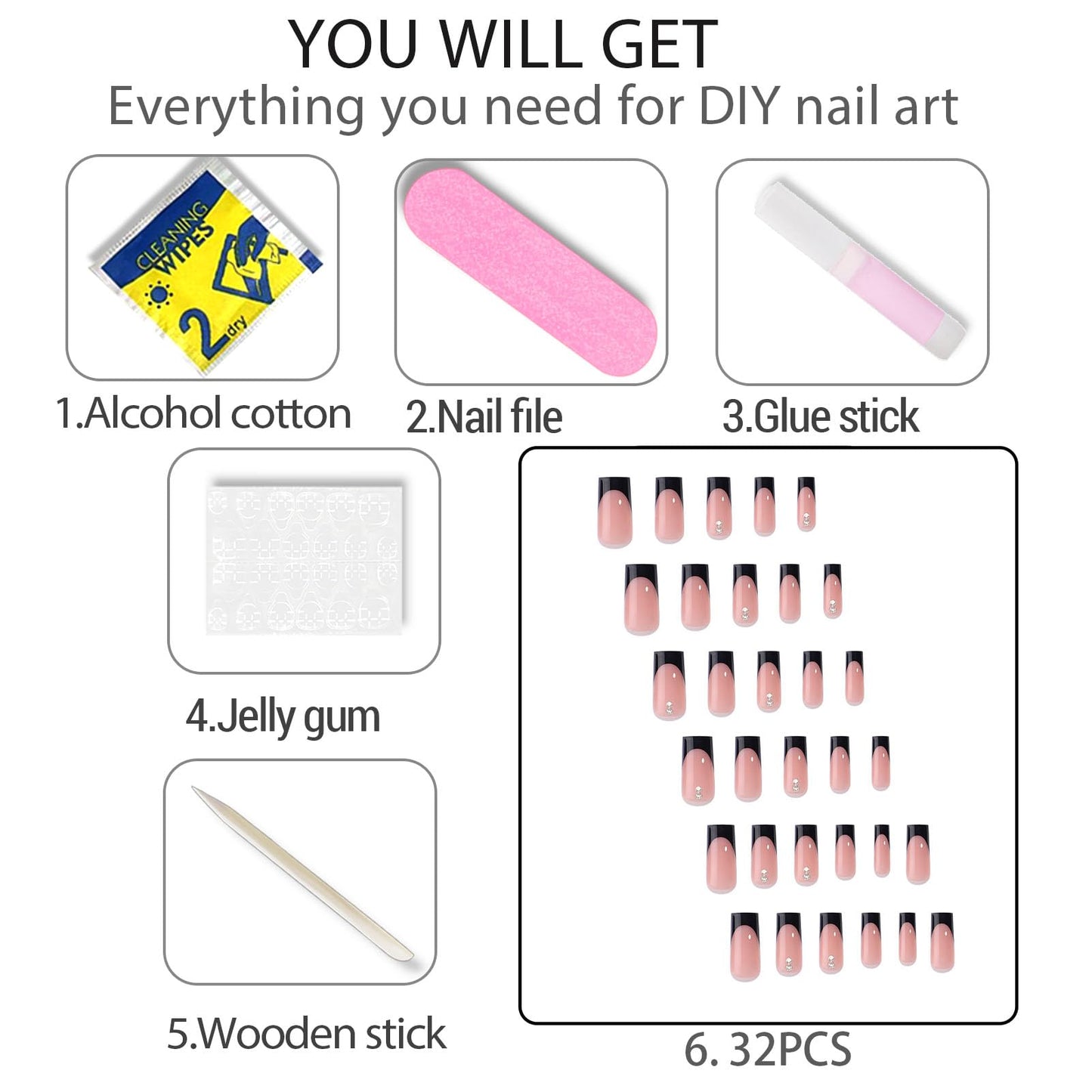 WAFOLOZE Black French Tip Press On Nails - Long Press On Nails Square Fake Nails with Two Crystal Diamonds, Artificial Nails 16 Sizes - 32Pcs False Nails Tips Kit, Stick On Nails for Women