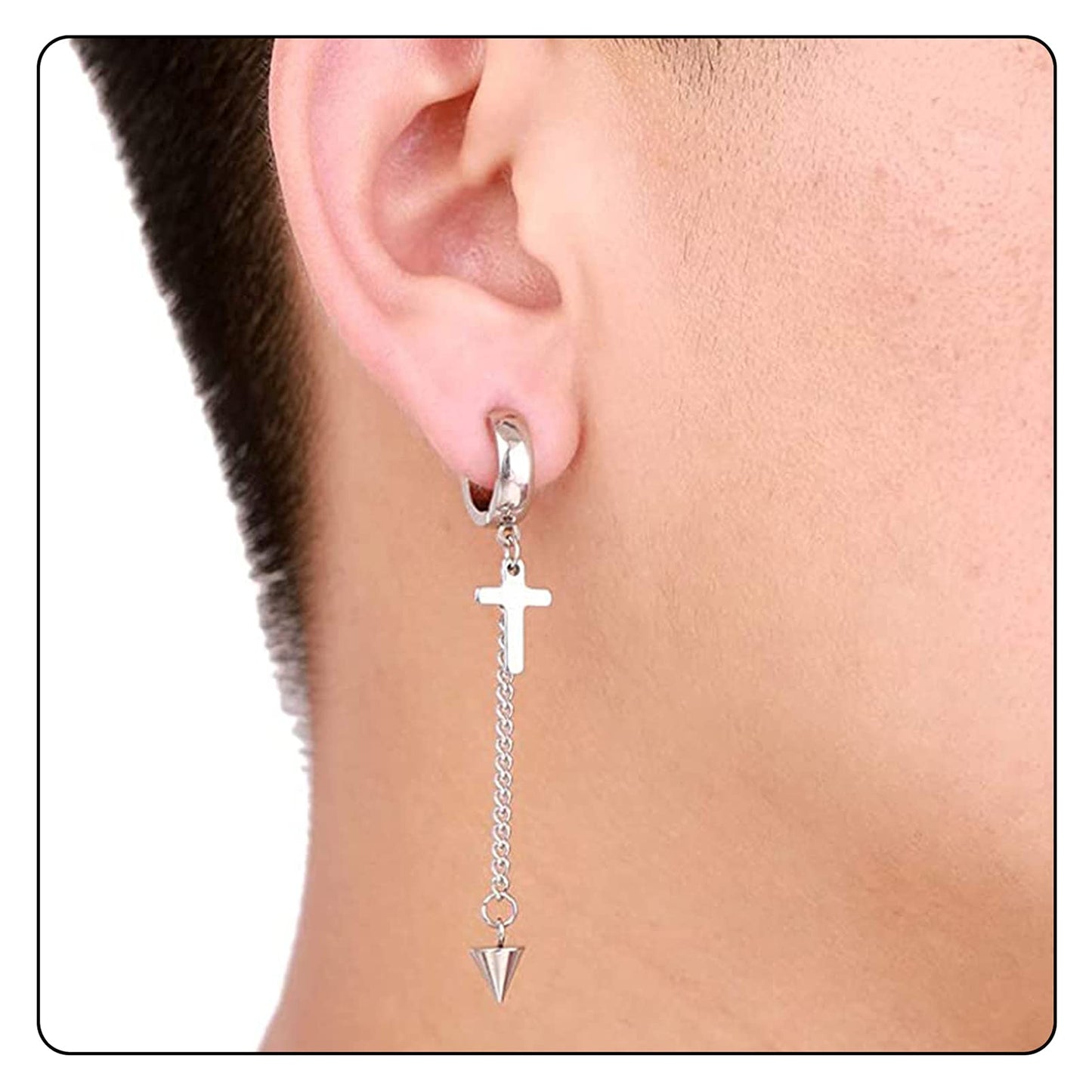 Fusamk Punk Rock Stainless Steel Cross Ear Clip Earrings Long Chain Drop Dangle Earrings(Silver)