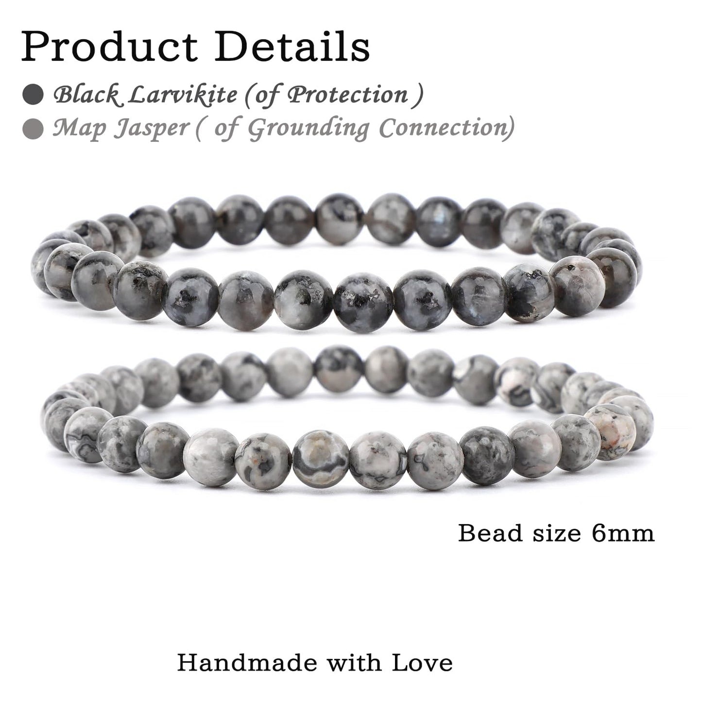 NCB 2-Piece 6mm Natural Crystal Gemstone Stretch Bracelets – ﻿Black Larvikite, Map Jasper Handmade Reiki Energy Healing Jewelry for Meditation,Yoga, Unisex