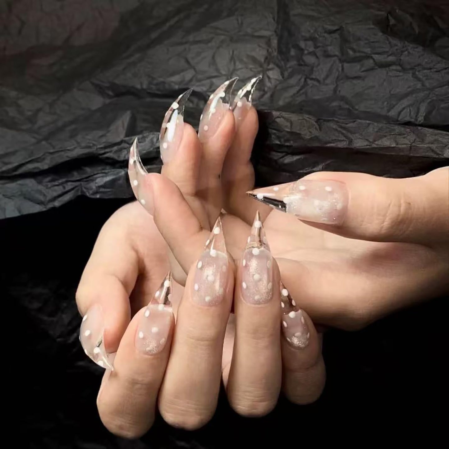 Handmade Press on Nails Medium Stiletto Fake Nails Unique Eagle Claw Thick Acrylic Nails Transparent False Nails with Polka Dots Glitter Cat Claw Designs Glossy Glue on Nail Sturdy Nail Art 10Pcs(S)