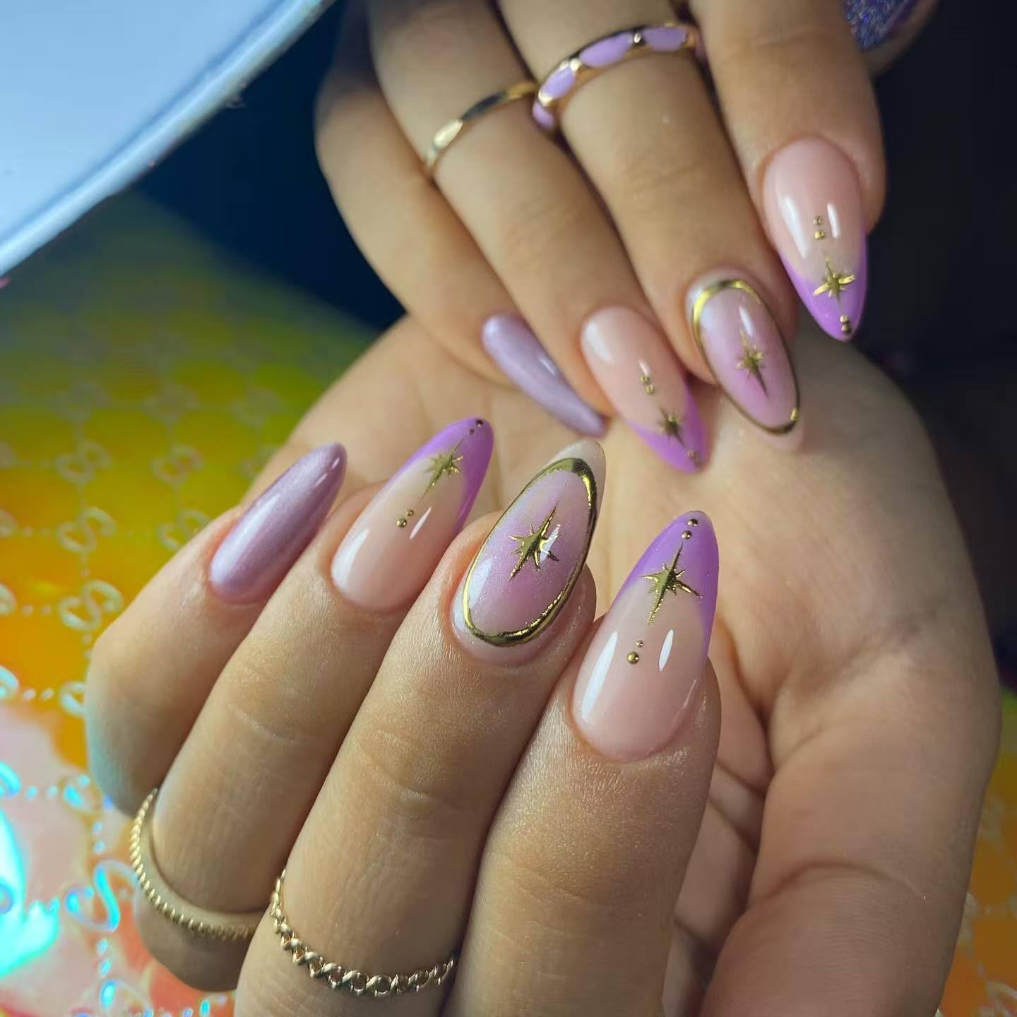 24pcs Almond Press On Nails Medium Fake Nails Gradient With Gold Star Design French Tip False Nails Purple Acrylic Nails Full Cover Artificial Glossy Glue On Nail Stick On Nail For Women
